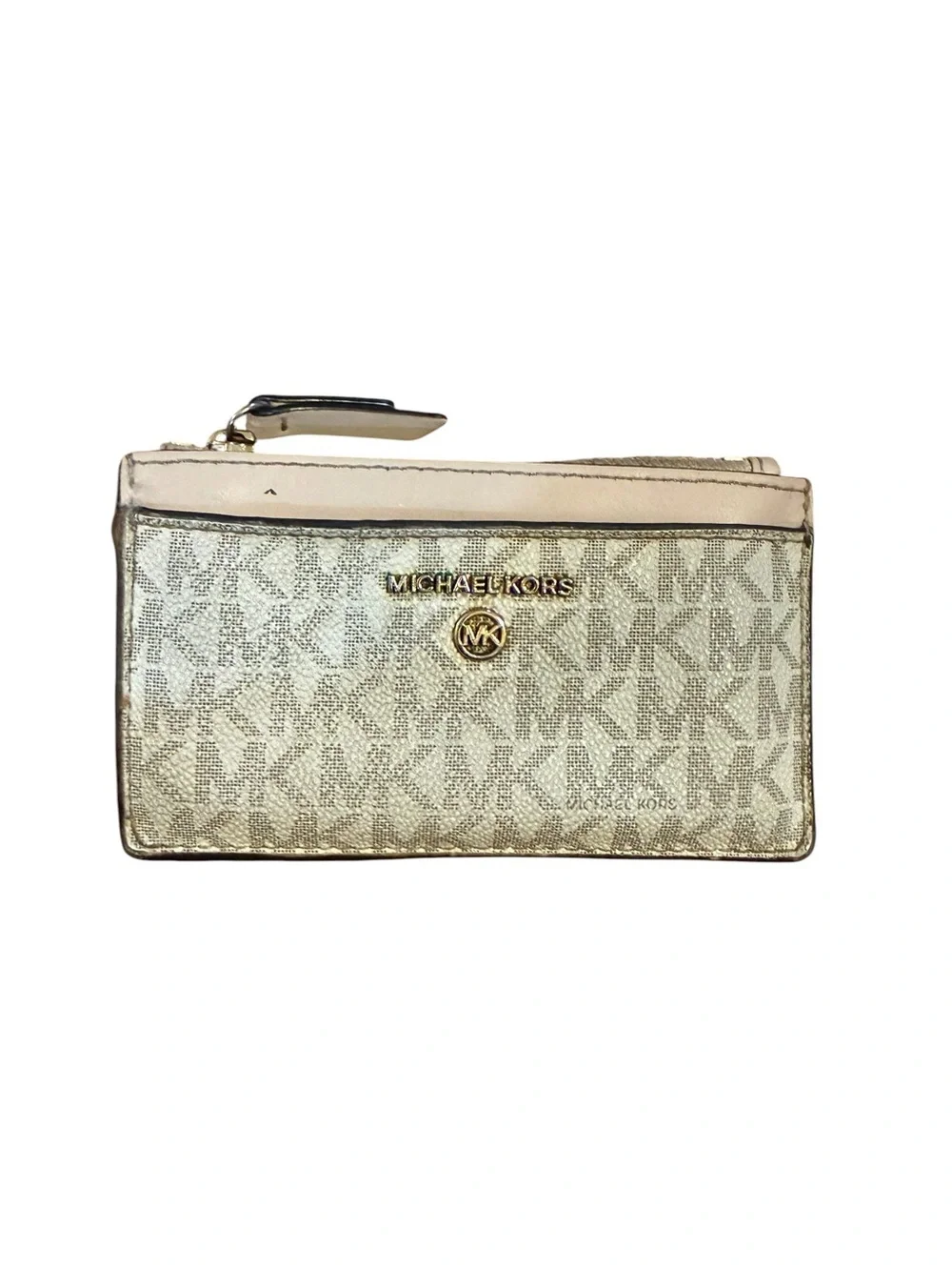 Michael Kors Women's Gold Logo Zip Wallet with Beige Trim